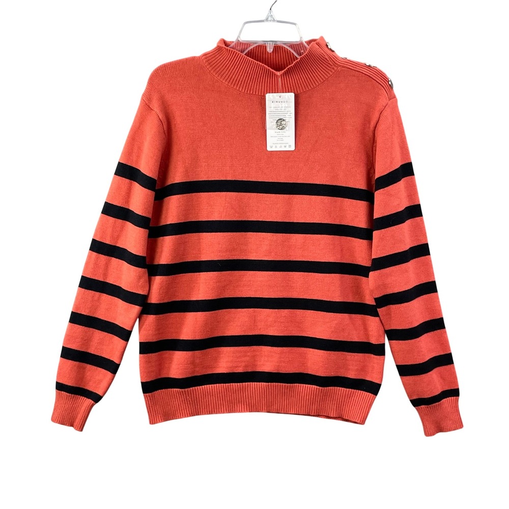 KIRUNDO Striped Sweater Womens S Orange Black Mock Neck Button Shoulder NWT